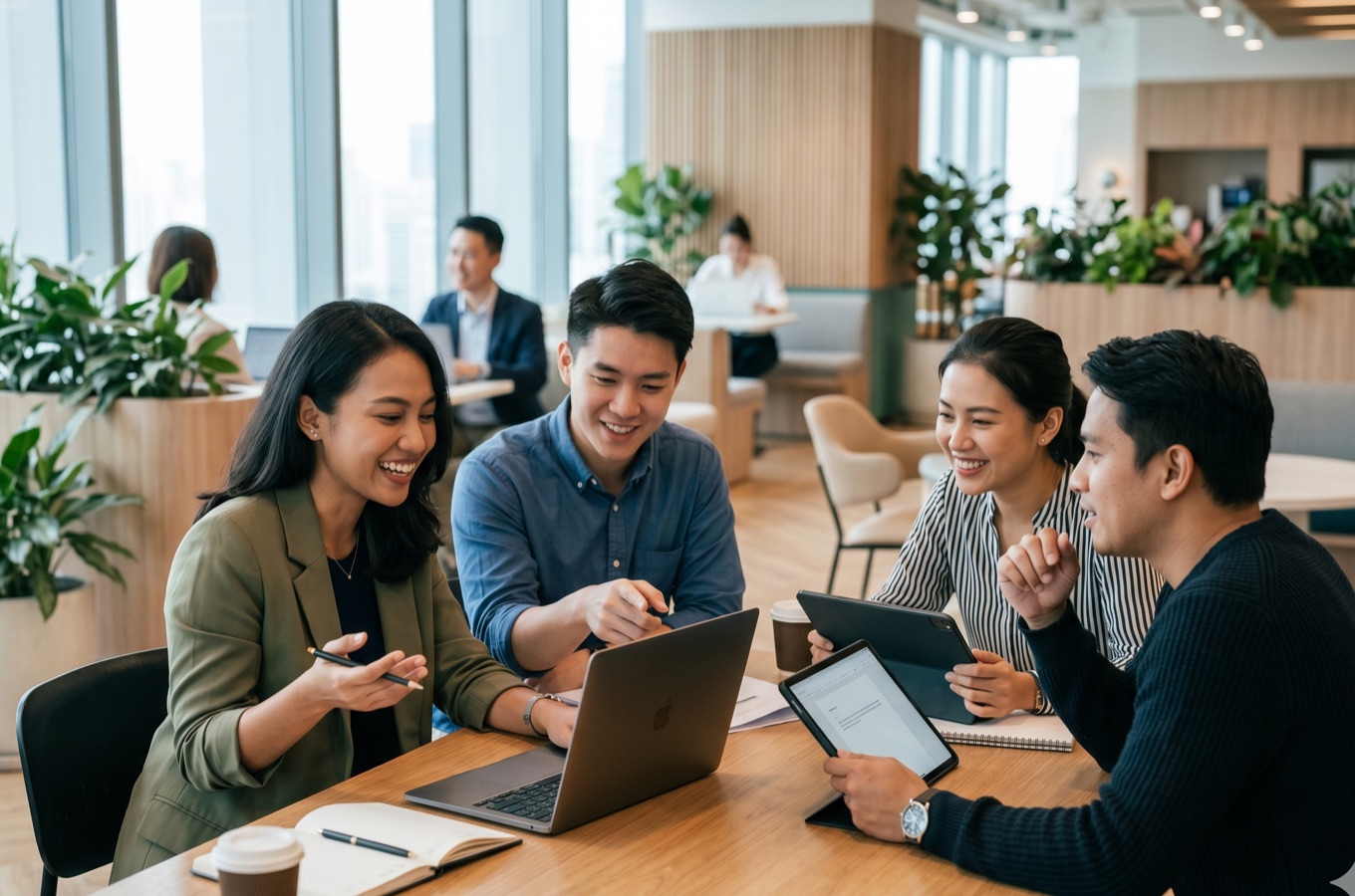 A Southeast Asian business team collaborating on laptops and tablets in a modern office
