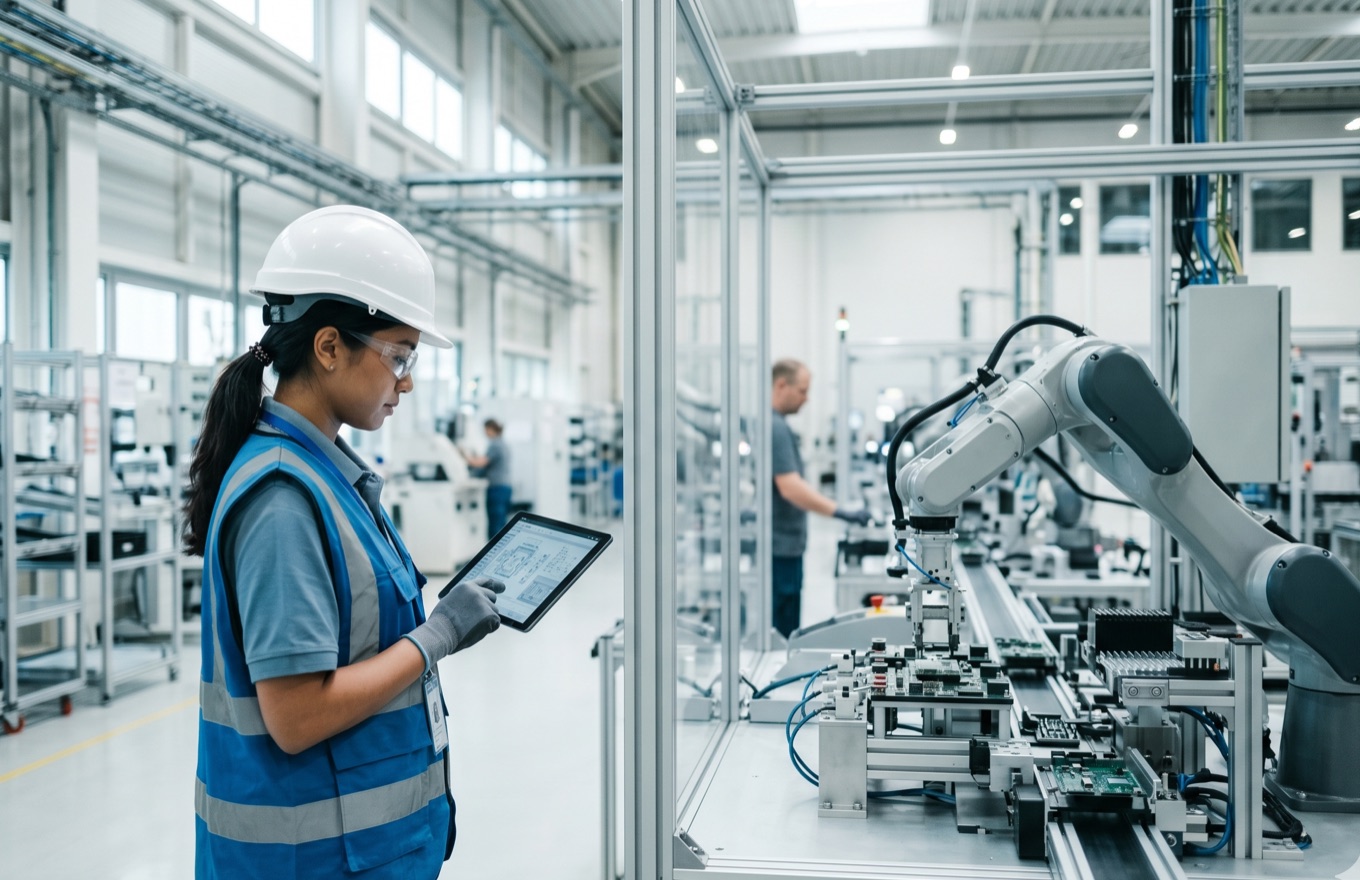 Engineer monitoring an automated robotic assembly line on a tablet in a smart factory