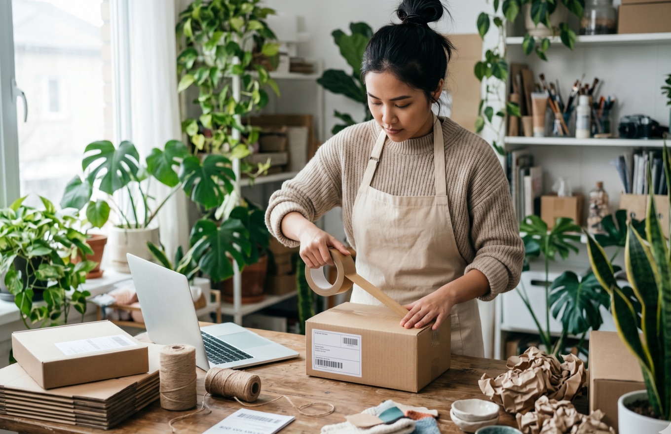 Small-business owner packing an online order, supported by AI eCommerce recommendations and conversion optimization