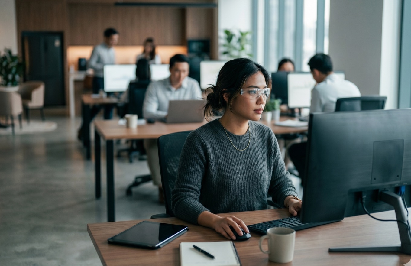 Financial analyst reviewing data on dual monitors in a modern fintech office using AI fraud detection