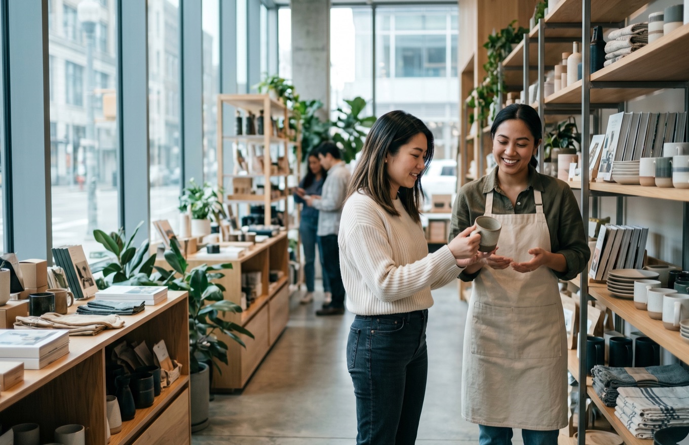 Retail associate helping a customer in a modern store powered by AI-driven retail analytics