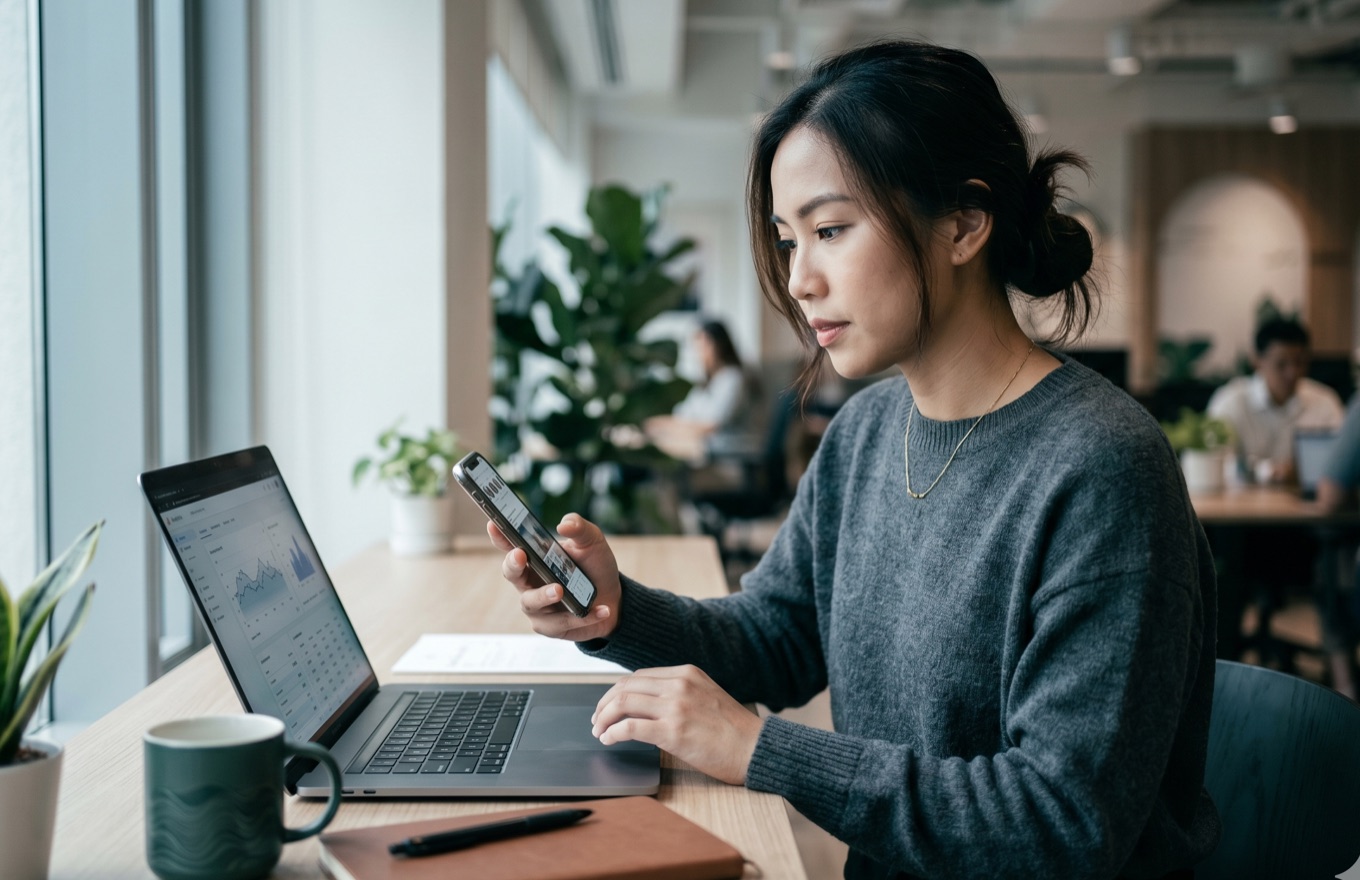 Marketing professional checking analytics on a phone and laptop using AI social listening