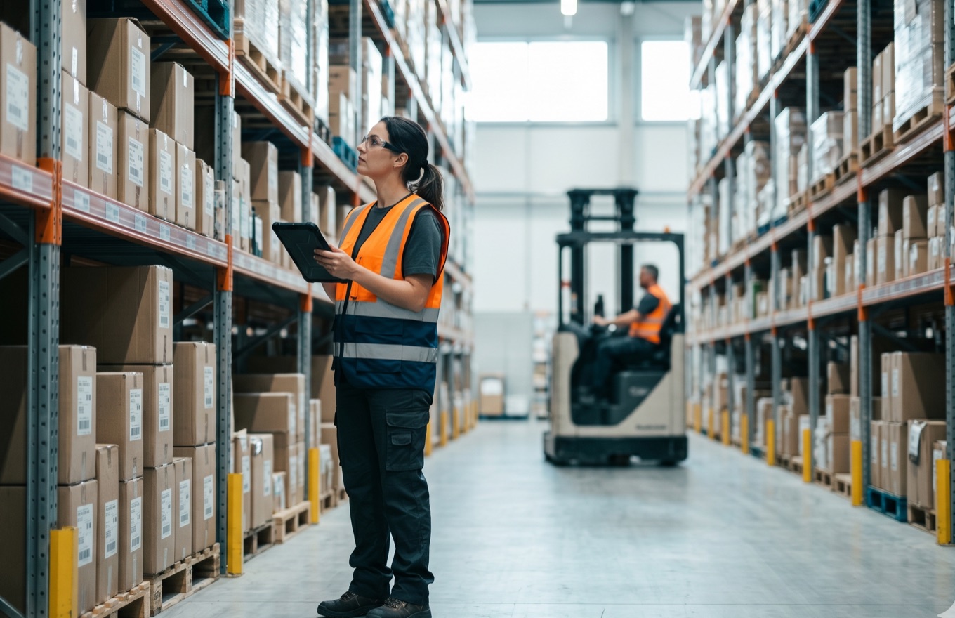 Warehouse professional using a tablet to manage inventory in a modern AI-optimized distribution centre